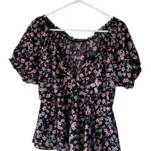Shein Curve Black Sheer Floral Short Sleeve Blouse Size 0XL EUC #M-019